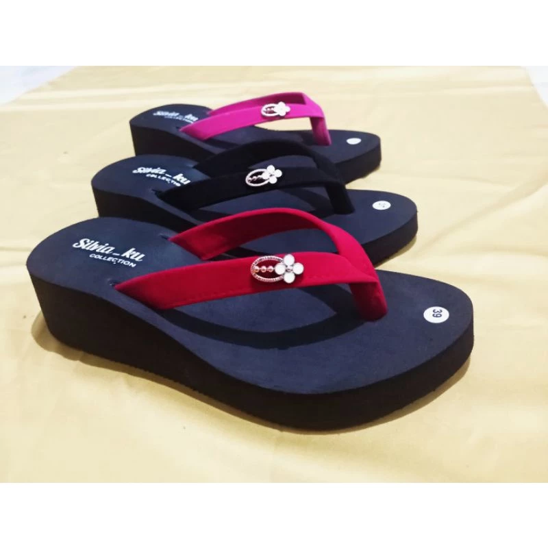 Sandal Wedges Spon Sandal Jepit Wanita Beludru Bunga Cantik - Gambar 2
