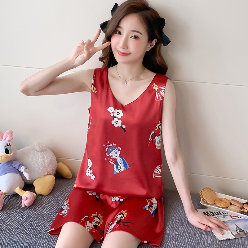 Pyjamas Set Women Pajamas Woman Summer Kawaii Sleeveless Home Wear  Character Print 甜美女生少女學生睡衣套裝ins