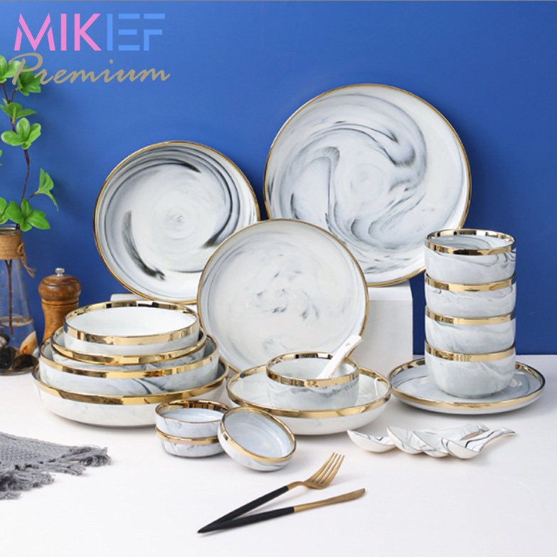 Piring Keramik White Marble Dinnerware Set Mikief Premium
