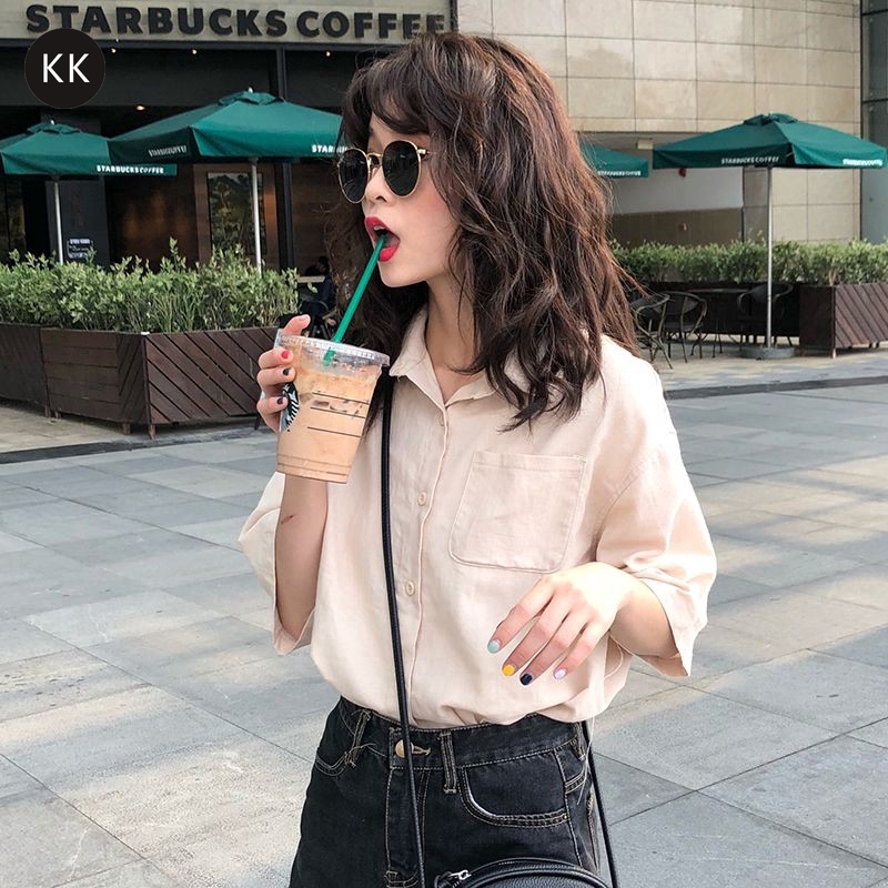 Pocket loose solid color short sleeve shirt，cheap borong of Koreanfashion women's clothing readystock