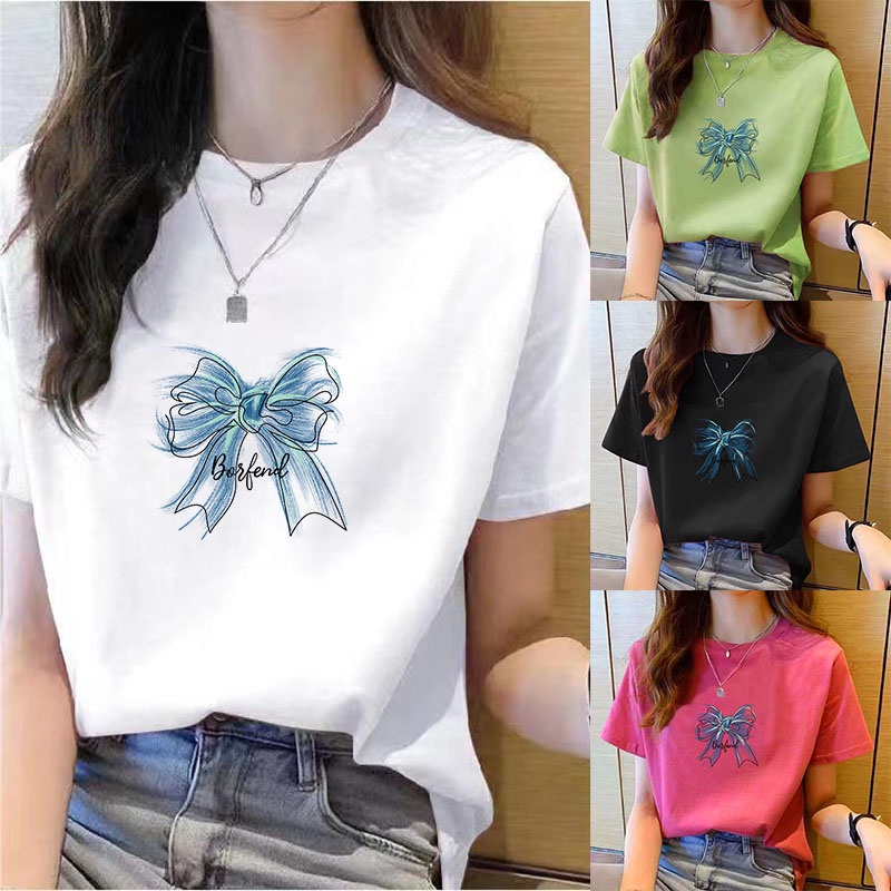Short Sleeve T-shirts for Women Clothing Summer New Beautiful Bow Print Round Neck Korean Style T-shirt Summer Girls Clothes Fit Loose Casual Large Short Sleeve tops Women