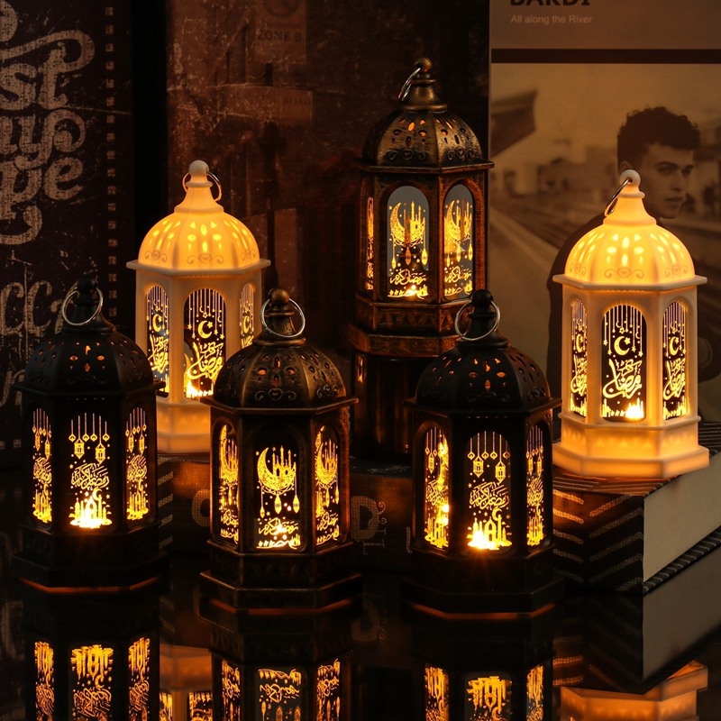 Eid Mubarak Ramadan Decoration Light With Carrying Handle Warm Yellow LED Night Lamp Lantern Baubles Pendant For Islam