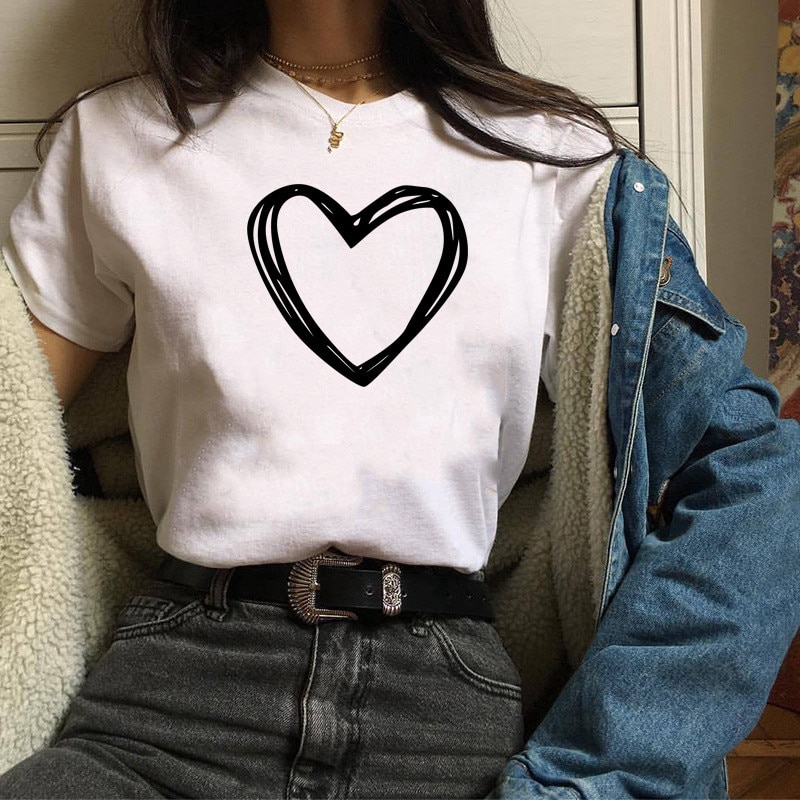Fashion Love Heart Printed Woman T Shirt White Black Casual Top Tee Summer Short Sleeve Women Clothing