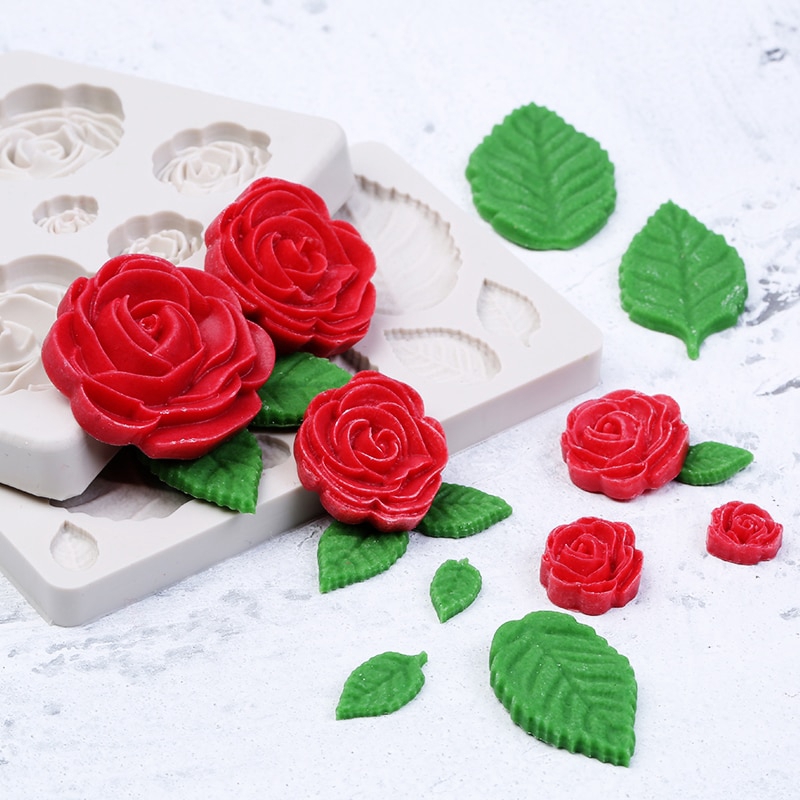 1Pcs Sugarcraft Rose Flowers Leaves Silicone Mold Fondant Cake Form ...