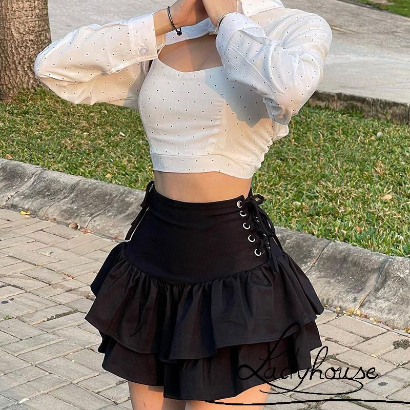 LD-Women´s Ruffle Mini Skirt, High Waist Solid Color Criss Cross Tie Up ...