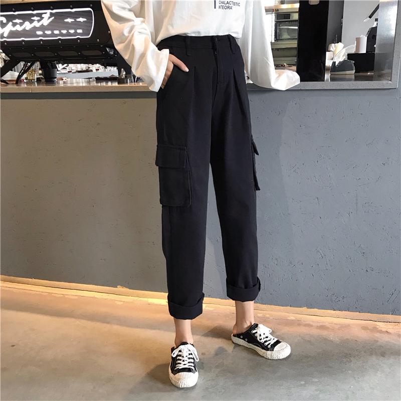 Korean Version Thin High Waist Loose Bf Straight Cargo Pants Women High  Waist Jogger Skinny Trousers Side Pockets