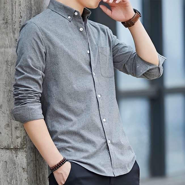 Pohullan Men's Long Sleeve Dress Shirt - Solid Color Business Casual Shirt (Plus Size Available)