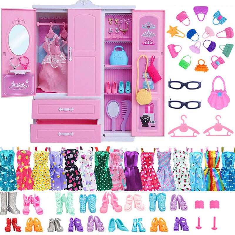 Dollhouse Wardrobe Doll Accessories Clothes Dresses Crowns Necklace Shoes for Barbie Girl Princess Gift