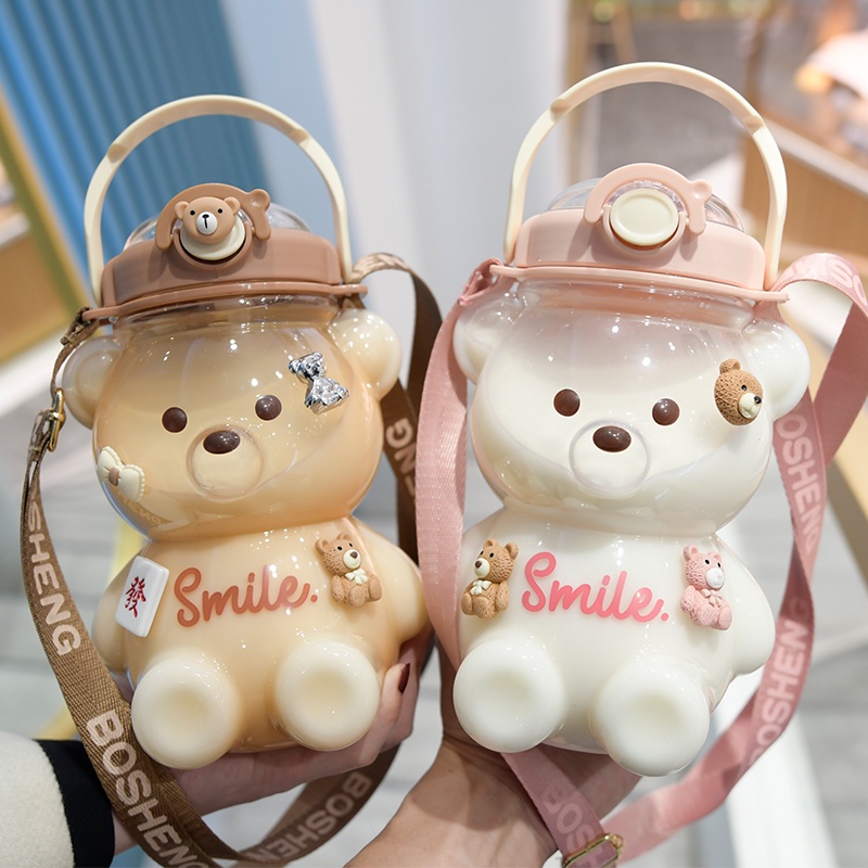 [Free Sticker] 1000/1300ml Cute Bear Gradient Water Bottle with Straw ...