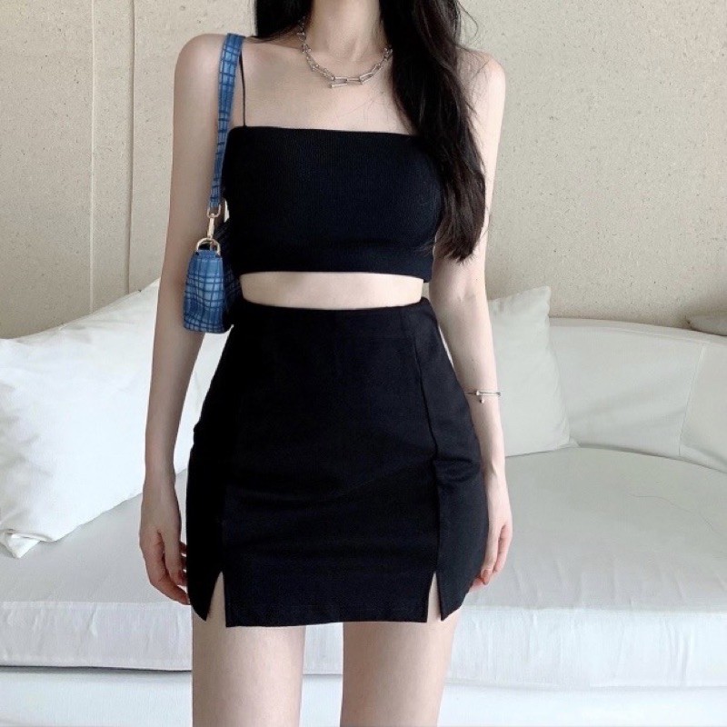 Korean Ulzzang Black Crop Top Skirt