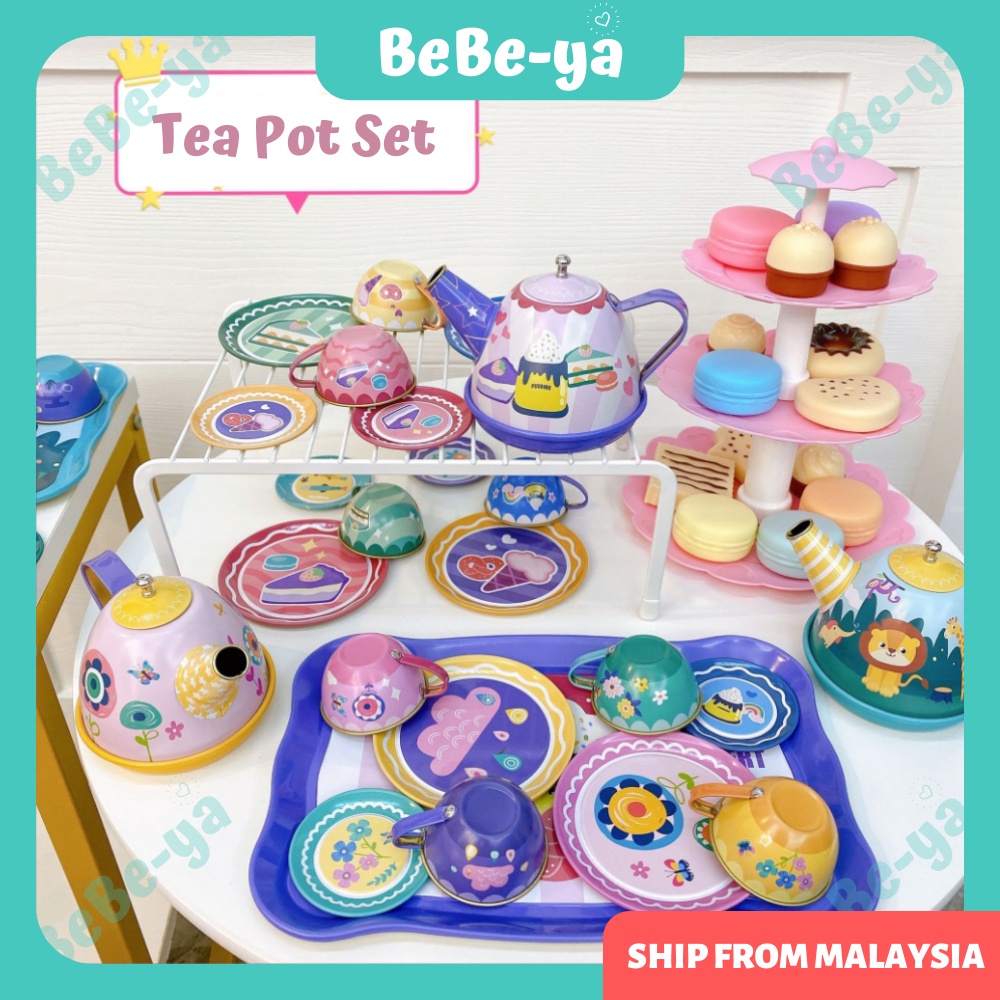 Steel Teapot Toys 14pcs - Kids Pretend Play Kitchen Set High Tea Party Cup Plate Mainan Masak Masakan Set
