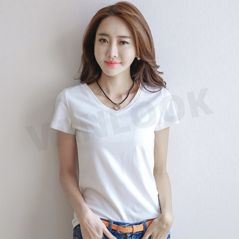 T-Shirt Women Tops Summer Blouse Korean Slim Short Sleeve O-Neck V-Neck ...