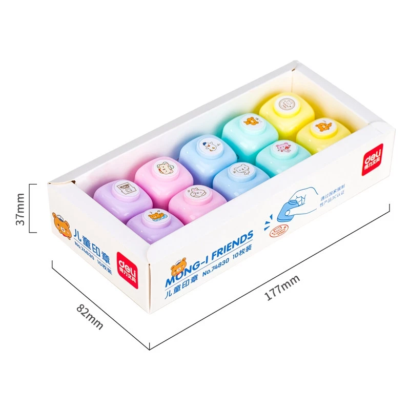 Deli Stempel Gambar Kartun 10 PCS/Box dengan 4 Warna Cerah 74830 - Gambar 2