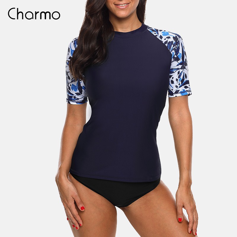 Charmo Women Short Sleeve Rashguard Shirt Swimwear Floral Print ...