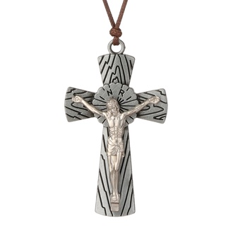 Jesus Crucifix Cross Wood Sterling Silver Pendant