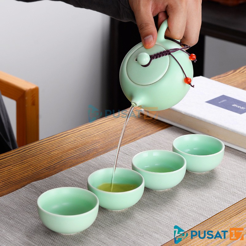 CHINESE TEA POT SET CERAMIC 4 CUP / TEKO TEH CHINA 4 CANGKIR KERAMIK SET / SOUVENIR GIFT CLASSIC - Gambar 2