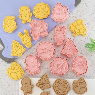 8pcs Christmas Cookies Mold Set, 3d Embossed Cookies Cutter Press Molds,  Including Christmas Tree, Snowman, Bell, Snowflakes, Santa Claus Pattern,  Pink, Suitable For Christmas Baking