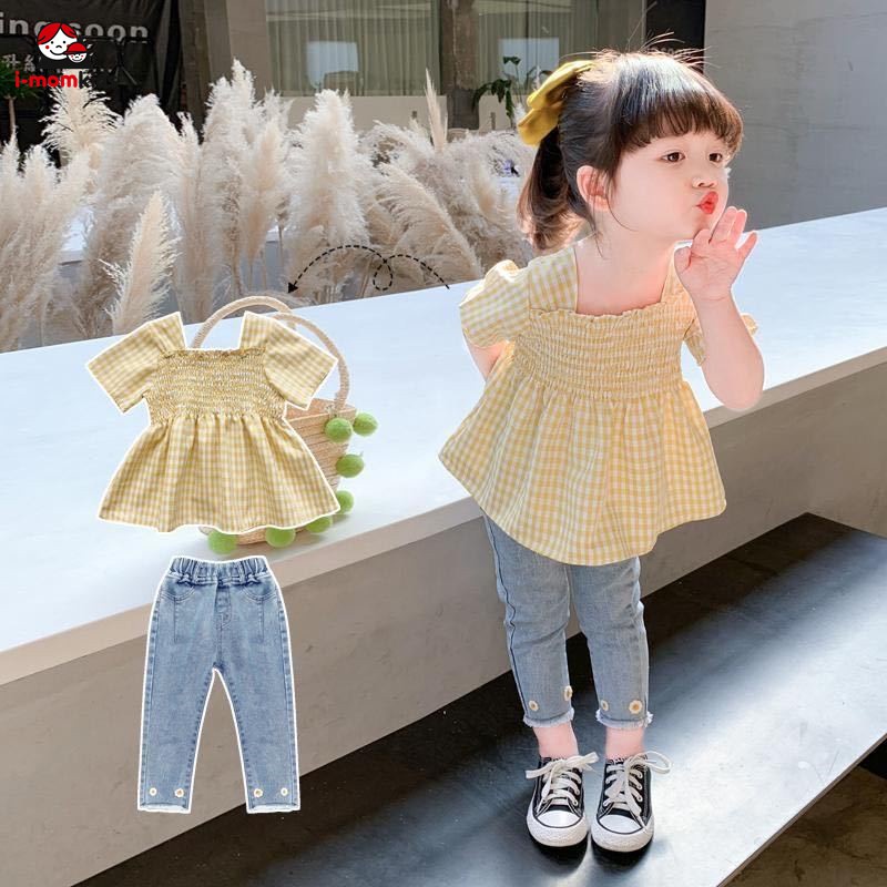 2023 New Kids Clothes Sets 2pcs Baby Girl One Shoulder Tops+Denim