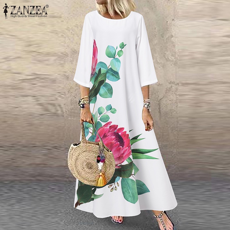 ZANZEA Women Fashion Round Neck 3/4 Sleeve Floral Printed Casual Loose ...