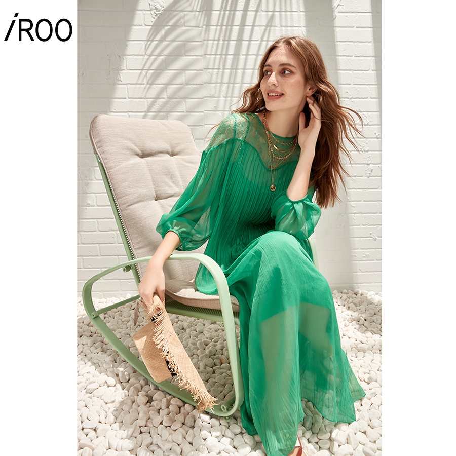 iROO Women Fashion Chiffon With Lace Yoke Maxi Dress Shopee Singapore