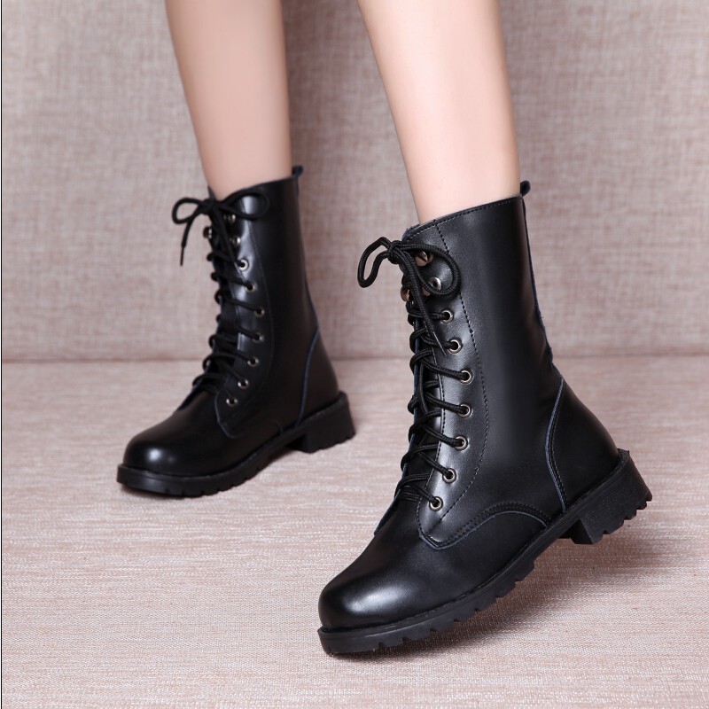 Women's Mid Calf Boots Fashion Leather Lace Up Mid Heel Round Toe ...