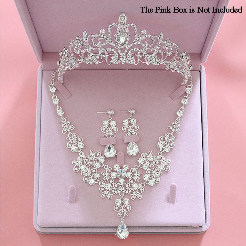 Wedding Tiara Necklace Set Heart Shape Bridal Crystal Rhinestone Jewelry Set