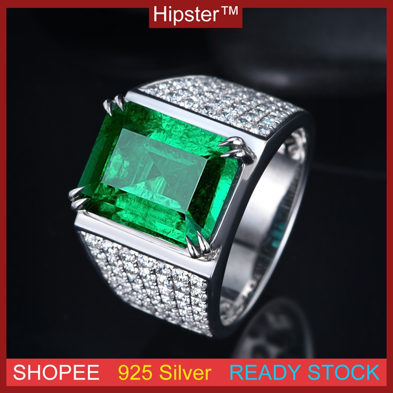 8 Karat Faux Natural Emerald Domineering Men's kai kou jie Refers to 18k  Faux Diamond Multicolored Ring