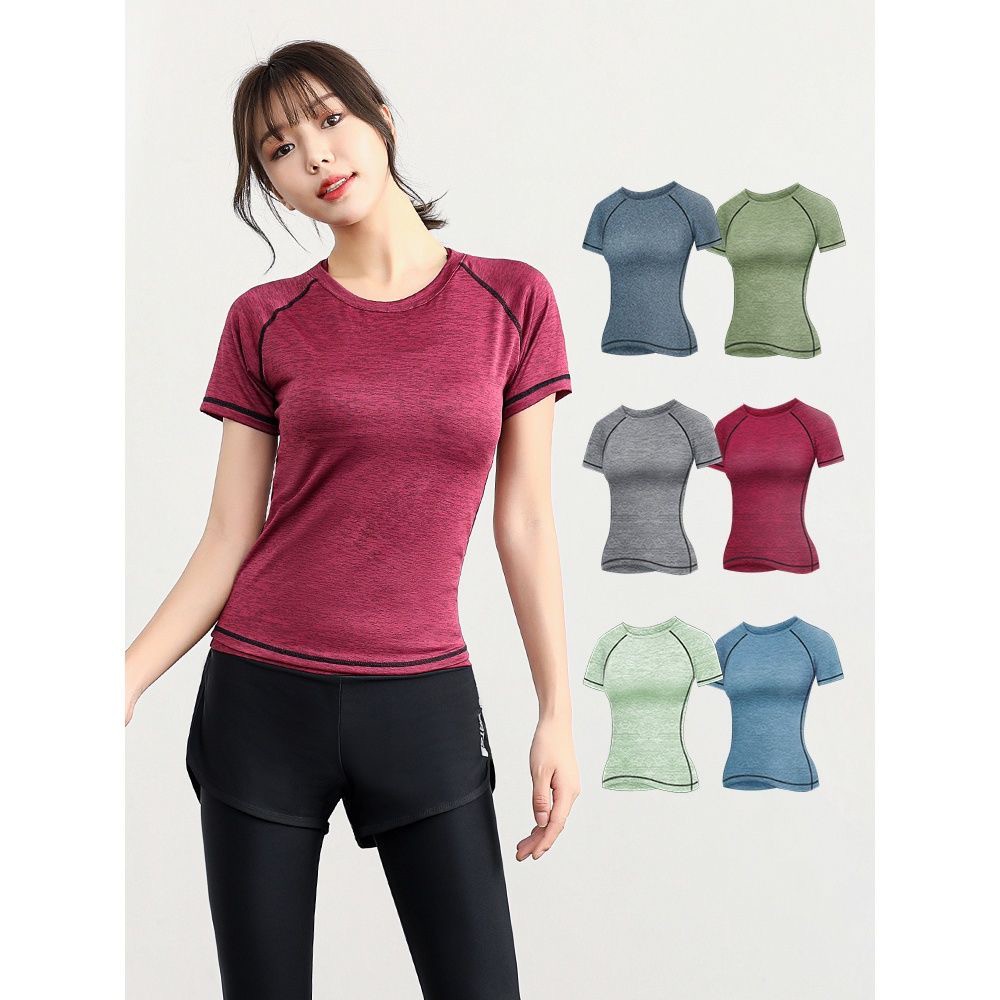 women Yoga clothes round neck T-shirt short-sleeved quick-drying sportswear curved sweat-absorbent breathable slim top fitness  clothing S-3XL
