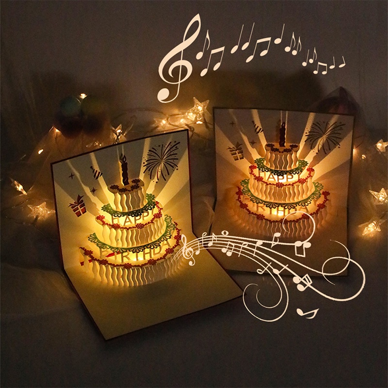 Music Birthday Card Pop Up 3D Cake Musical Light Greeting Card Creative ...
