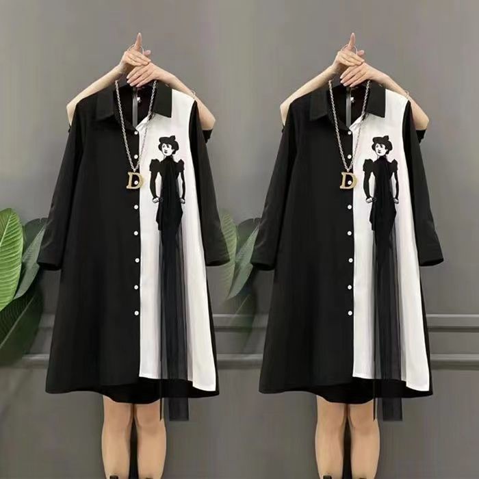 Spring✨ 2022 Three Msh splicing color contrast Cover 2022 Korean version Net Yarn Stitching Slimmer Look Personality Western Style Shirt Dress Plus Size Women's Clothing