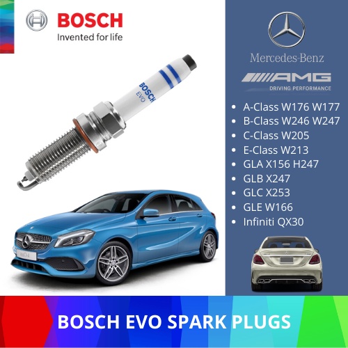 BOSCH EVO Spark Plugs. Engineered for Mercedes A, B, C, CLA, GLA, GLB