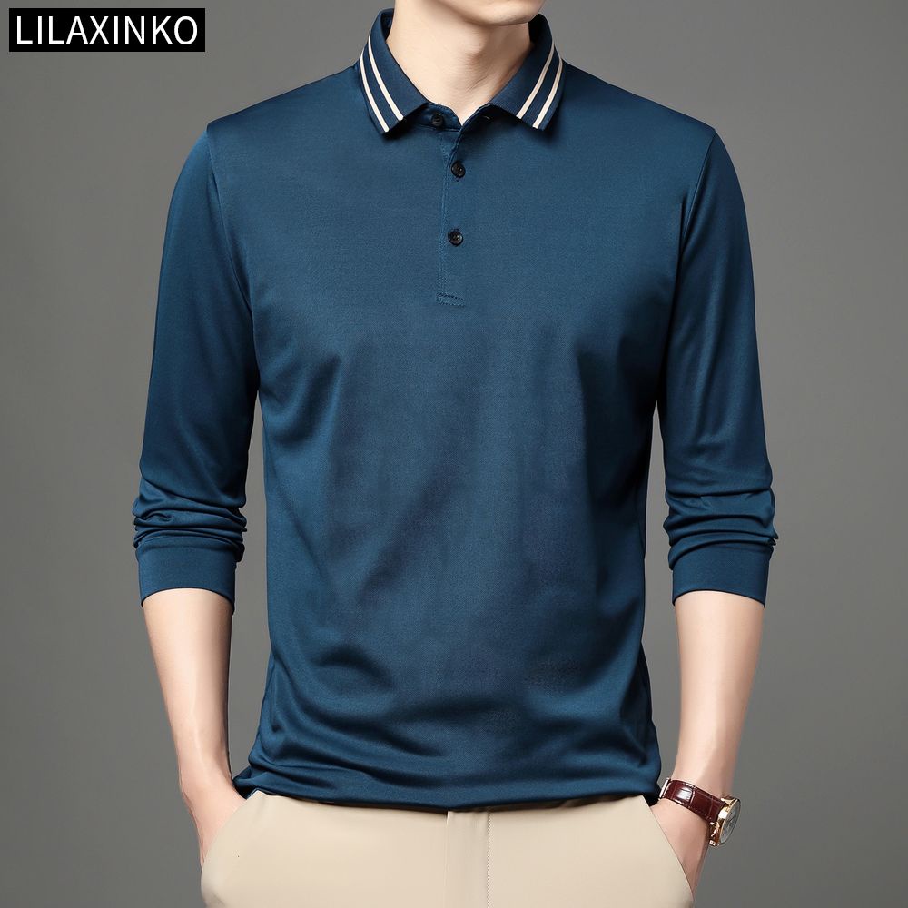 6 Color Polo Shirt Men Clothing Plain Basic Long Sleeves Lapel Collar T ...