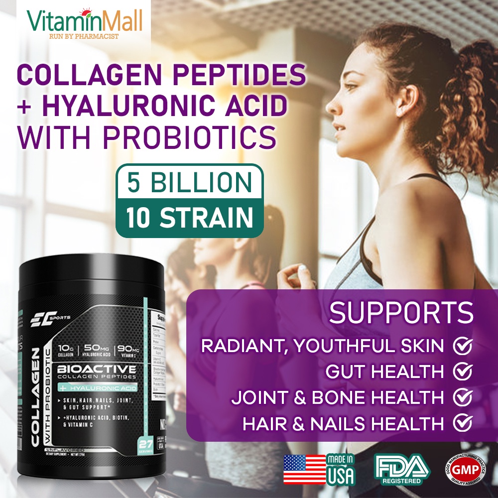 EC Sports Collagen Peptides Powder Supplement with Hyaluronic Acid + Probiotics – 275g – Skin, Joint Health - Unflavored