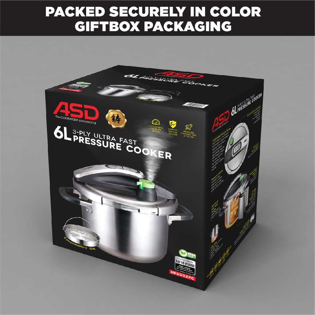 ASD 3 Ply Ultra Fast Pressure Cooker 4L 6L 8L with Stainless Steel Steamer Basket Tripot