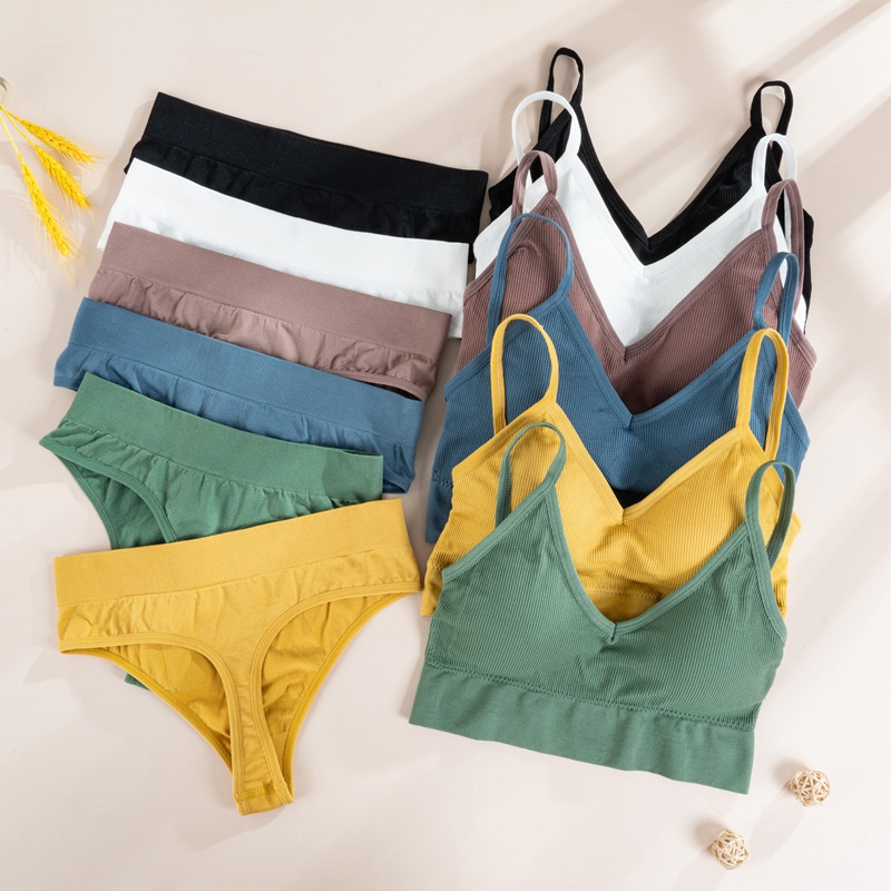 2PCS Bra Sets Women Ribbed Tops Sexy Thongs Lingerie Set Solid Color ...