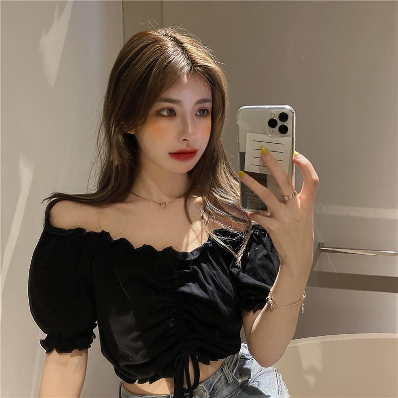 Sexy Puff Sleeve off-Shoulder Drawstring Top Women's Clothing Short Summer Short Sleeve New All-MatchingTT-shirtins-