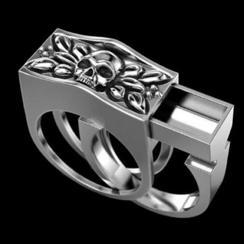 Elegant Men's Fashion Accessory   Sterling Silver Skull Jewelry Secret Compartment Cinerary Locket Casket Compartment Memorial Souvenir Coffin Anniversary Gift Ring Women and Men Hip Hop Viking Rings 