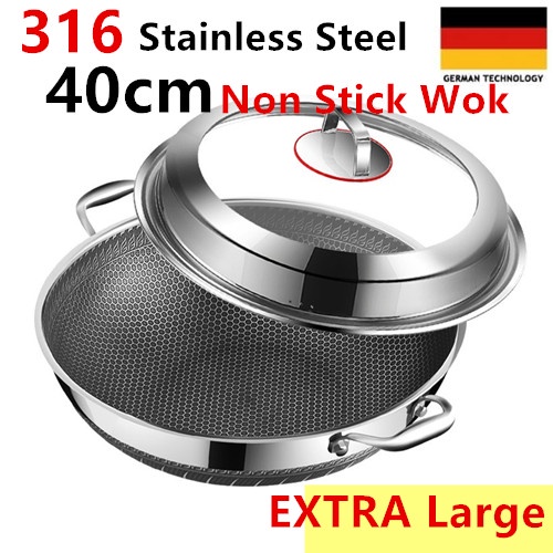 Extra Large Premium 316 Stainless Steel Non Stick Honey Comb Wok Double Frying Grill 40CM