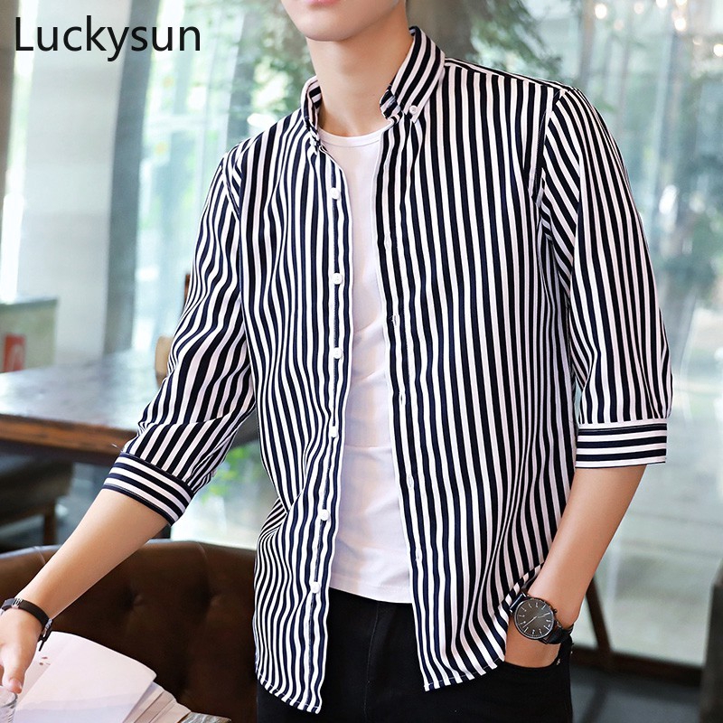 LUCKYSUN Men Shirt Korean Striped Short Sleeved Shirts Casual Soft and Comfortable Office Clothing Kurta