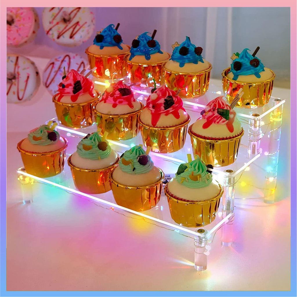 Cupcake Stand 3 Tiers Cake Display Stand with LED Light String Acrylic