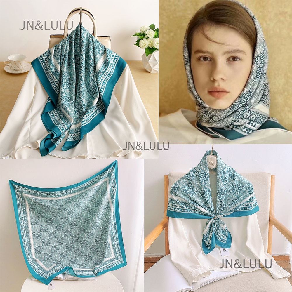 Ready Stock Satin Tudung Bawal Floral Printed Square Scarf 90x90cm Fashion Muslim Turban High 8017