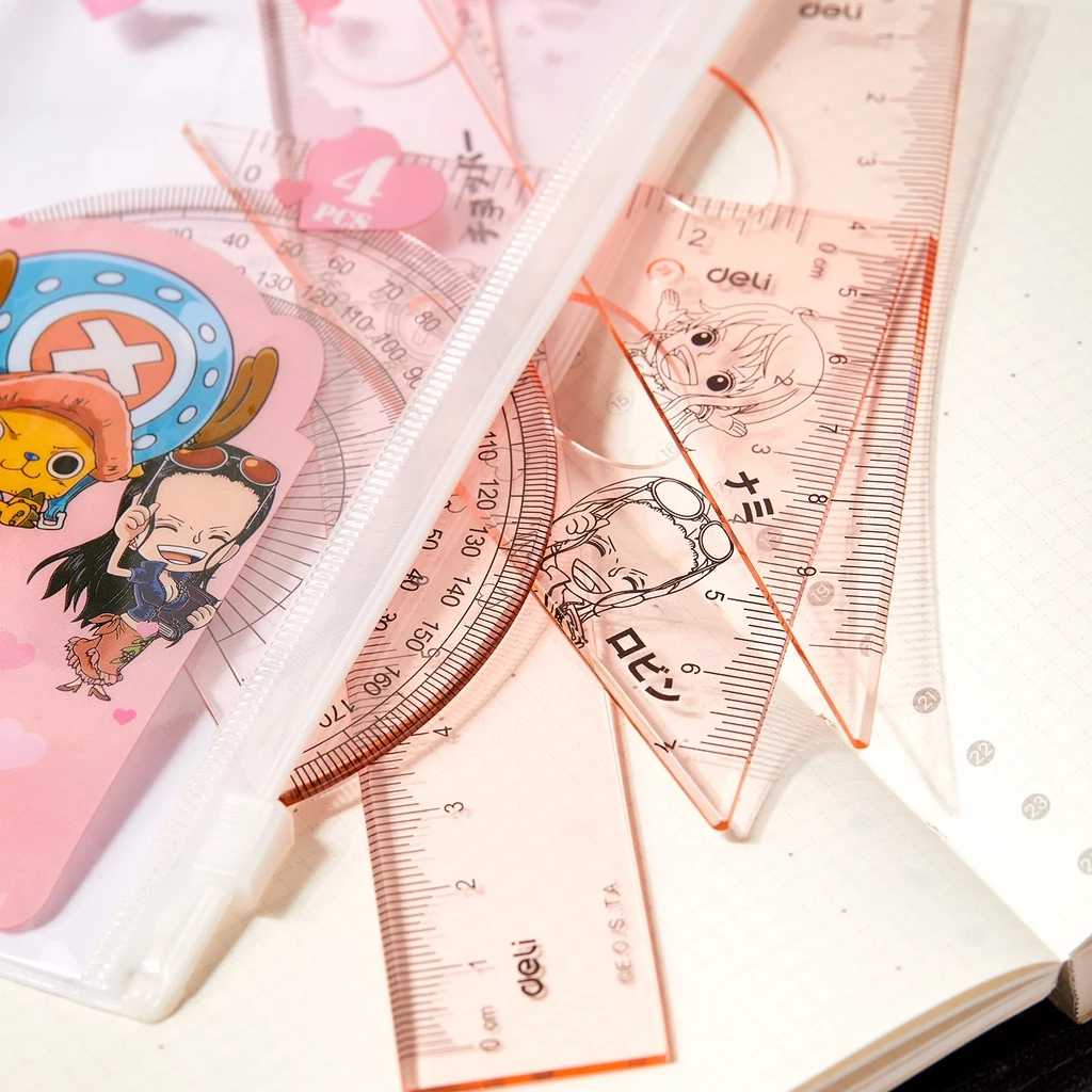 Deli One Piece School Ruler Set / Set Penggaris Sekolah 4 in 1 Lucu Gambar One Piece Dengan Pouch Plastik EH17 - Gambar 4