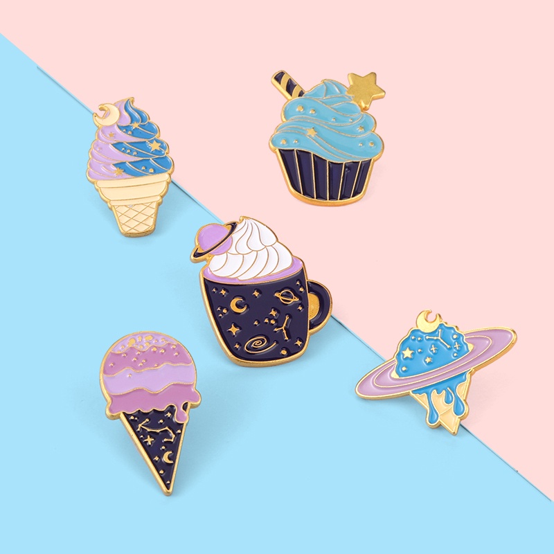 5 Styles Ice Cream Enamel Pin Moon Star Cup Planet Galaxy Starry Sky Dream Romantic Brooch Lapel 7032