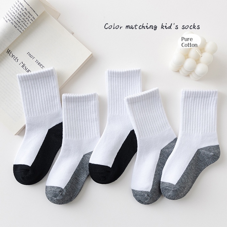 5 Pairs Student Basic School Socks /Children's Solid Color Sports Mid ...