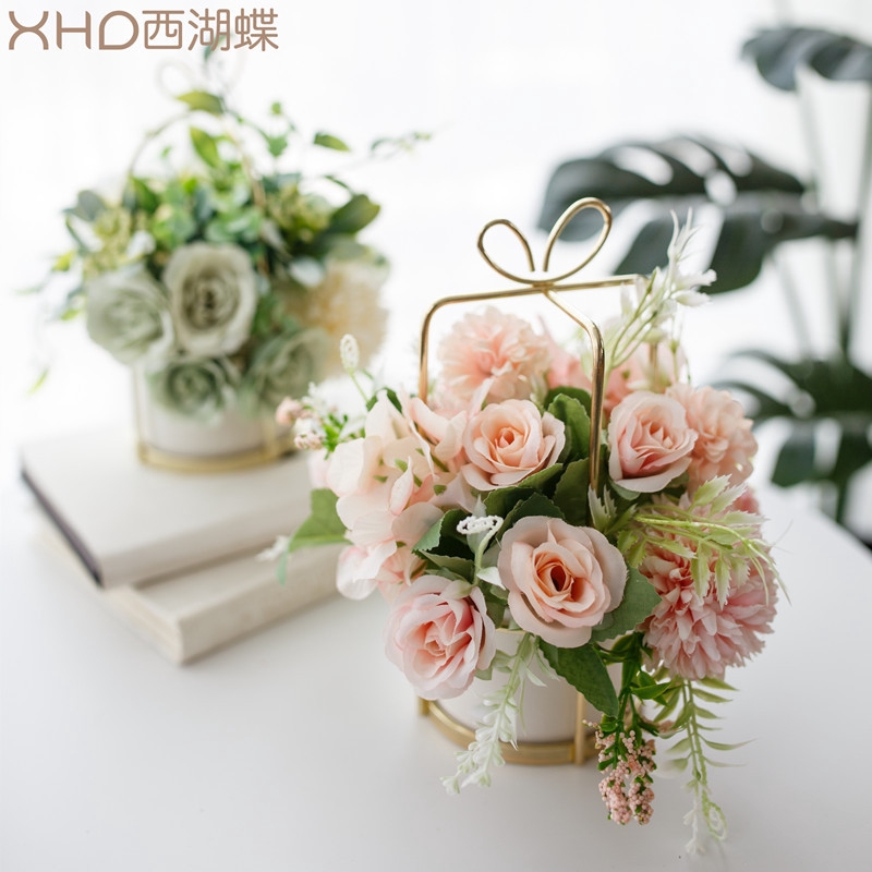 Ready stock artificial Rose Bouquets with Ceramics Vase Fake Silk Rose Flowers Arrangement for Decoration Home Table Party Office Wedding