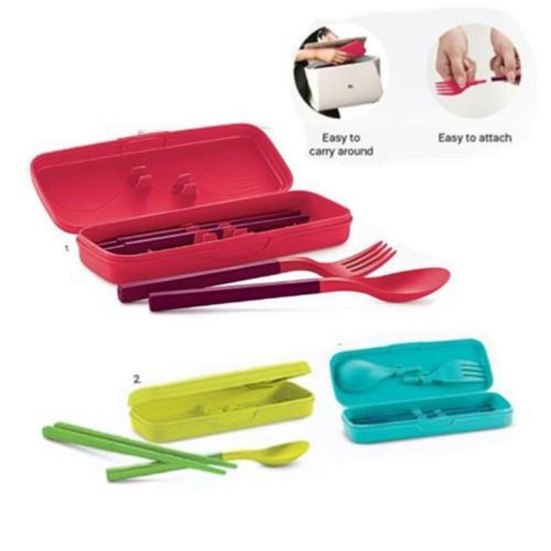 Tupperware BLUE Portable Cutlery Set with Casing ( Spoon Fork Chopstick ...