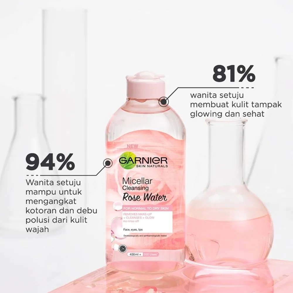 Garnier Micellar Rose Water Clean & Glow Skin Care - 400 ml (Pembersih Wajah Untuk Kulit Glowing) - Gambar 4
