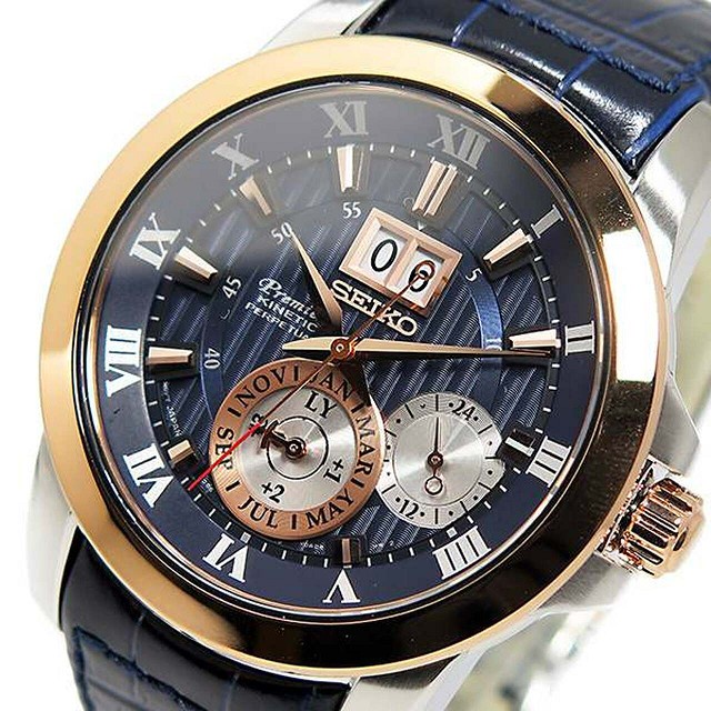 Time Cruze Seiko SNP126 Premier Kinetic Perpetual Rose Gold Tone Stainless Steel Navy Blue Dial Men Watch SNP126P1