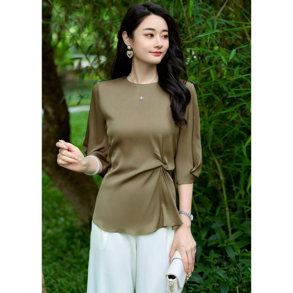 Yimu Women's Clothing Wholesale Real Silk Solid Color 2023 Summer New Style Fashion Celebrity Classy Mid-Sleeved Top Simple Slim-Fit All