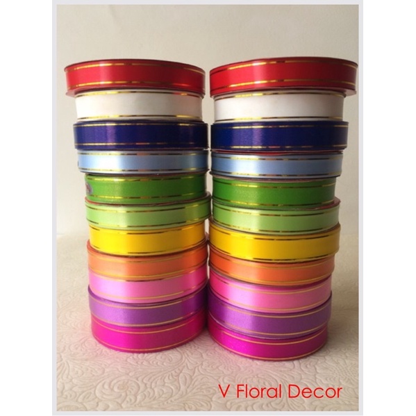 (Roll)3/4” PP Fancy Ribbon With Gold Edge/Riben Plastic Gold Line彩带 ...